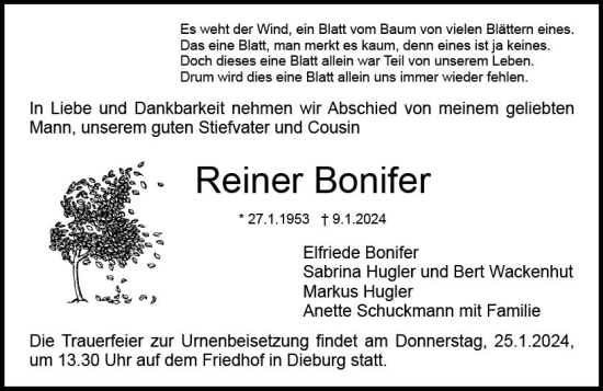 Traueranzeige von Reiner Bonifer von Dieburger Anzeiger/Groß-Zimmerner Lokal-Anzeiger