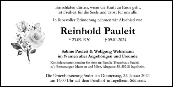 Traueranzeige von Reinhold Pauleit von Allgemeine Zeitung Bingen/Ingelheim
