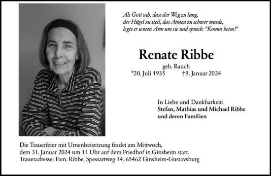 Traueranzeige von Renate Ribbe von Allgemeine Zeitung Mainz