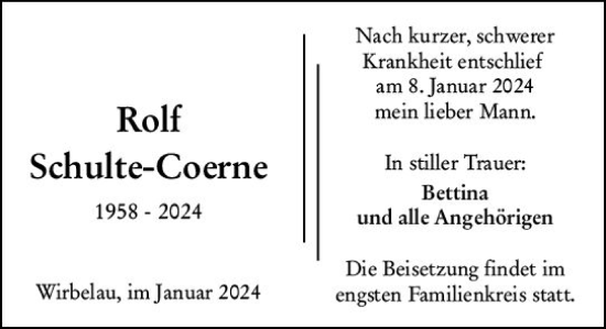 Traueranzeige von Rolf Schulte-Coerne von Weilburger Tageblatt