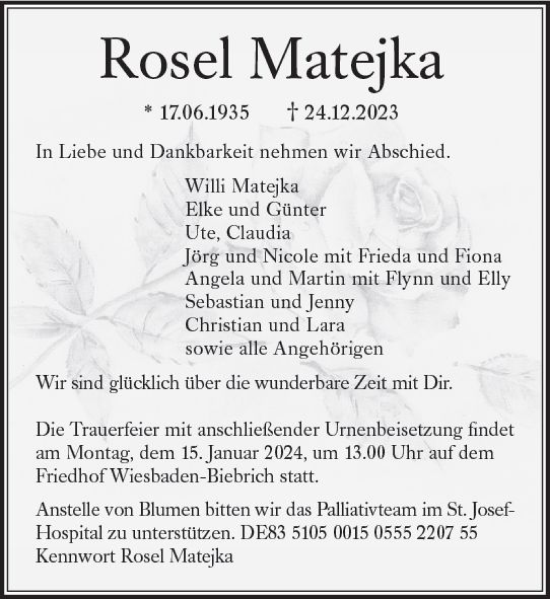 Traueranzeige von Rosel Matejka von Wiesbadener Kurier
