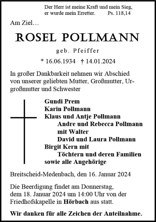 Traueranzeige von Rosel Pollmann von Dill Block