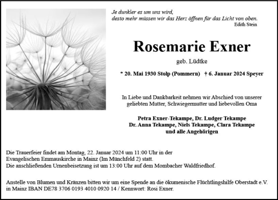 Traueranzeige von Rosemarie Exner von Allgemeine Zeitung Mainz