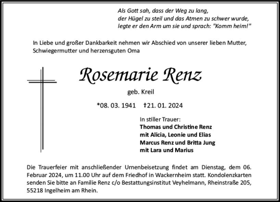 Traueranzeige von Rosemarie Renz von Allgemeine Zeitung Bingen/Ingelheim