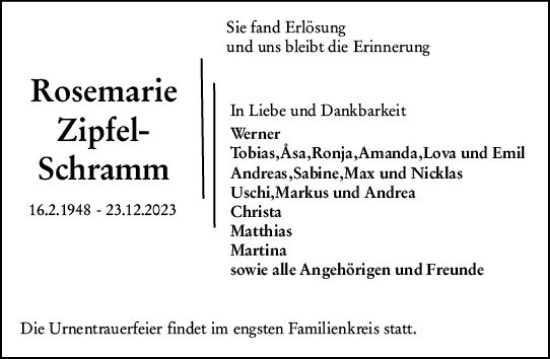 Traueranzeige von Rosemarie Zipfel-Schramm von Darmstädter Echo