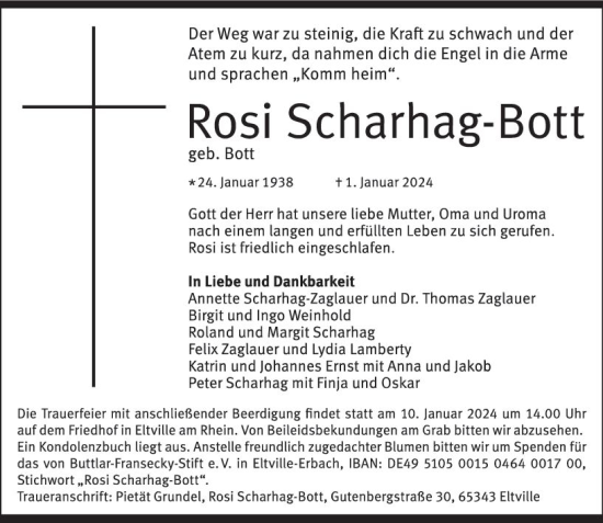 Traueranzeige von Rosi Scharhag-Bott von Wiesbadener Kurier