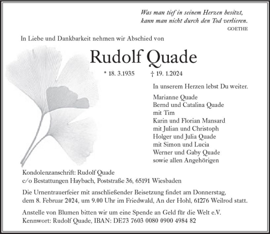 Traueranzeige von Rudolf Quade von Wiesbadener Kurier