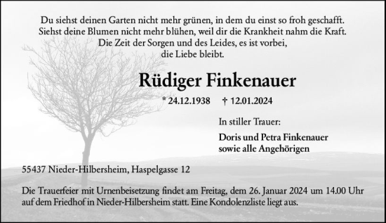 Traueranzeige von Rüdiger Finkerlauer von Allgemeine Zeitung Bingen/Ingelheim