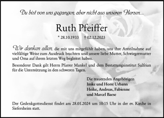 Traueranzeige von Ruth Pfeiffer von Allgemeine Zeitung Alzey