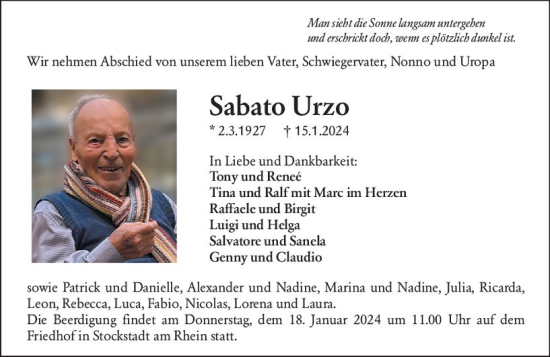 Traueranzeige von Sabato Urzo von Groß-Gerauer Echo