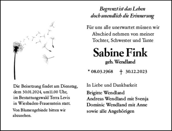 Traueranzeige von Sabine Fink von Wiesbadener Kurier