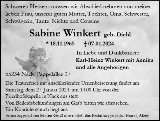 Traueranzeige von Sabine Winkert von Allgemeine Zeitung Alzey