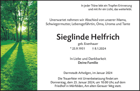 Traueranzeige von Sieglinde Helfrich von Rüsselsheimer Echo