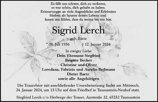 Traueranzeige von Sigrid Lerch von Idsteiner Land/Untertaunus