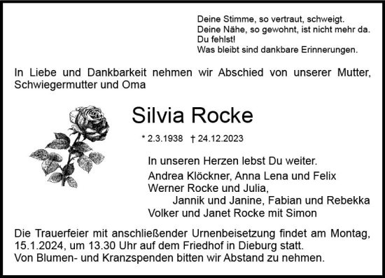 Traueranzeige von Silvia Rocke von Dieburger Anzeiger/Groß-Zimmerner Lokal-Anzeiger
