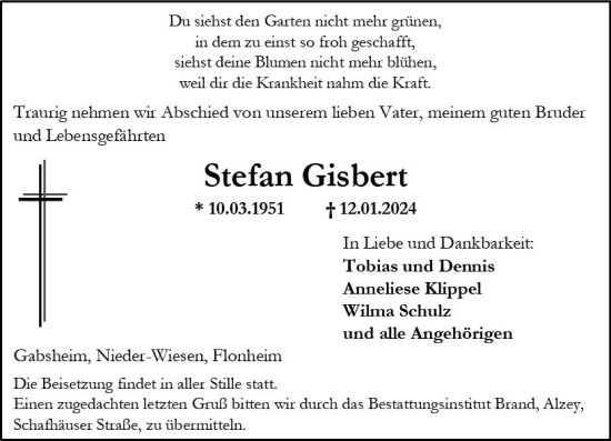 Traueranzeige von Stefan Gisbert von Allgemeine Zeitung Alzey