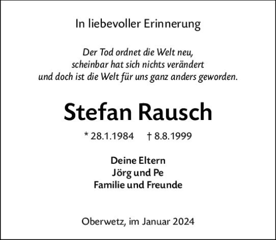 Traueranzeige von Stefan Rausch von Wetzlarer Neue Zeitung