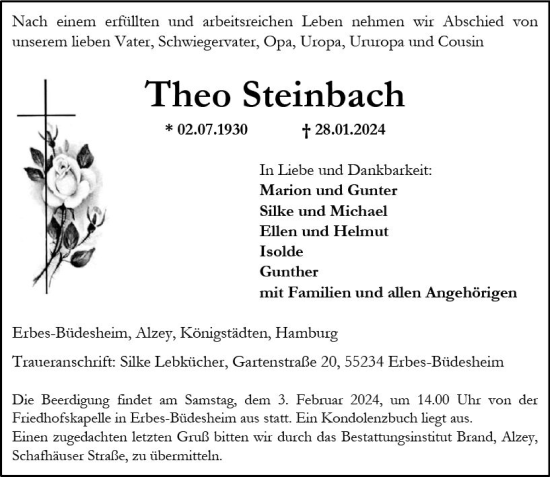 Traueranzeige von Theo Steinbach von Allgemeine Zeitung Alzey