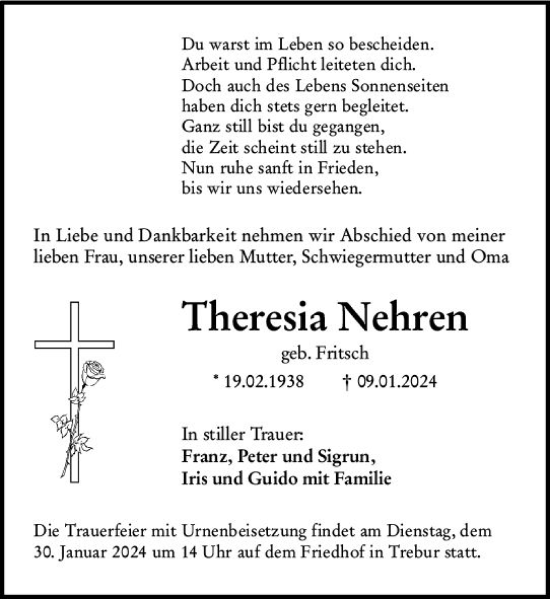 Traueranzeige von Theresia Nehren von Groß-Gerauer Echo