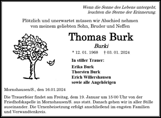 Traueranzeige von Thomas Burk von Hinterländer Anzeiger