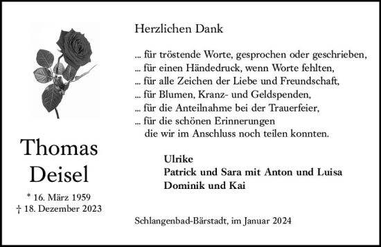 Traueranzeige von Thomas Deisel von Wiesbadener Kurier