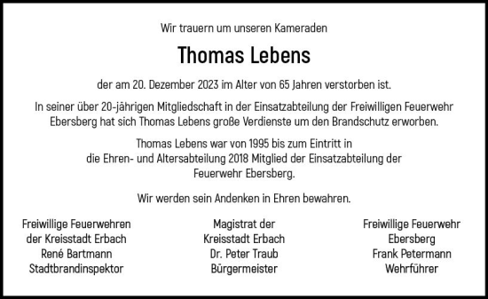 Traueranzeige von Thomas Lebens von Odenwälder Echo