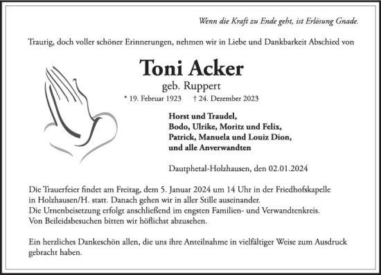 Traueranzeige von Toni Acker von Hinterländer Anzeiger