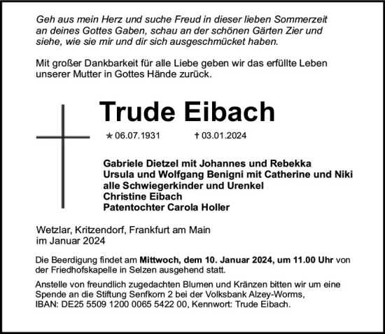 Traueranzeige von Trude Eibach von Allgemeine Zeitung Alzey