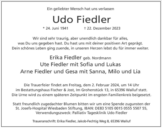 Traueranzeige von Udo Fiedler von Wiesbadener Kurier