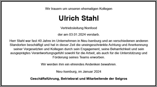 Traueranzeige von Ulrich Stahl von Nassauische Neue Presse