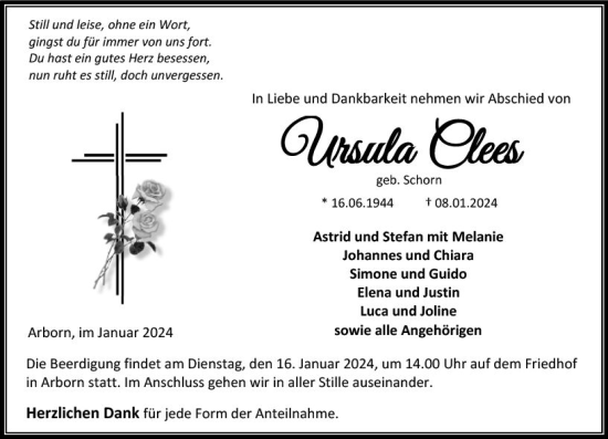 Traueranzeige von Ursula Clees von Weilburger Tageblatt
