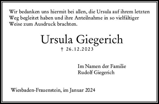 Traueranzeige von Ursula Giegerich von Wiesbadener Kurier