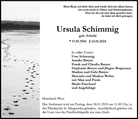 Traueranzeige von Ursula Schimmig von Allgemeine Zeitung Alzey