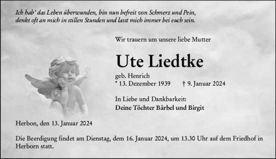 Traueranzeige von Ute Liedtke von Dill Block