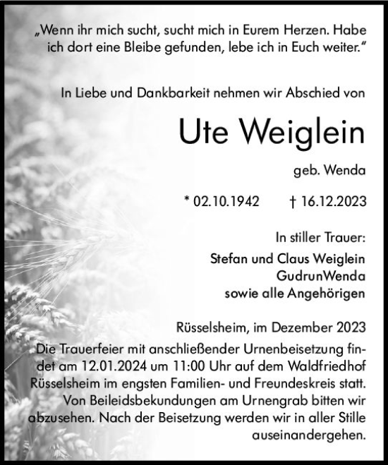 Traueranzeige von Ute Weiglein von Rüsselsheimer Echo