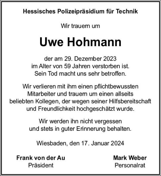 Traueranzeige von Uwe Hohmann von Wiesbadener Kurier