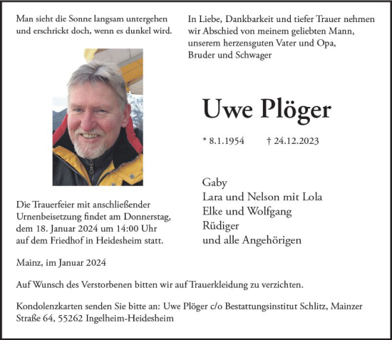 Traueranzeige von Uwe Plöger von Allgemeine Zeitung Mainz