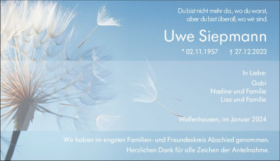 Traueranzeige von Uwe Siepmann von Weilburger Tageblatt
