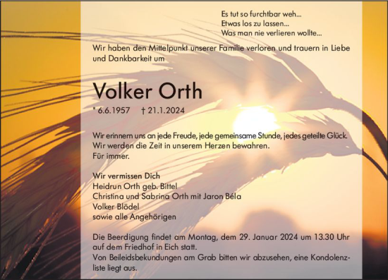 Traueranzeige von Volker Orth von Wormser Zeitung