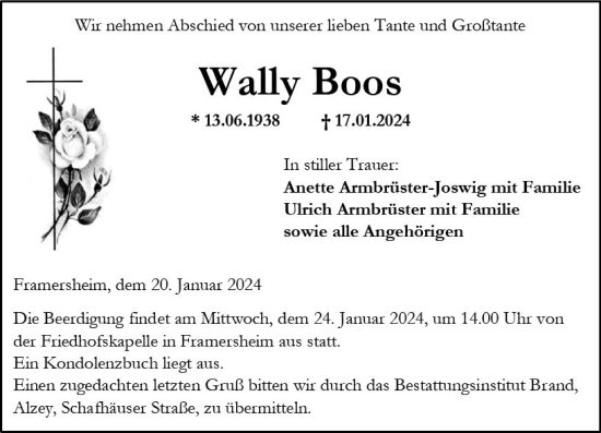 Traueranzeige von Wally Boos von Allgemeine Zeitung Alzey