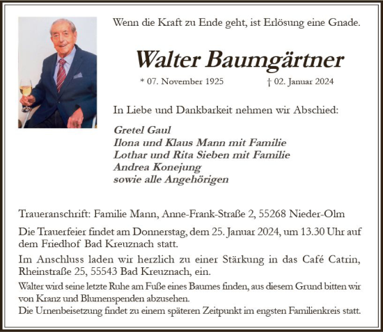 Traueranzeige von Walter Baumgärtner von Allgemeine Zeitung Bingen/Ingelheim