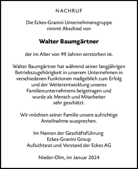 Traueranzeige von Walter Baumgärtner von Allgemeine Zeitung Bingen/Ingelheim