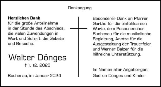 Traueranzeige von Walter Dönges von Hinterländer Anzeiger