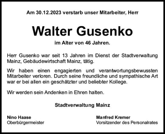 Traueranzeige von Walter Gusenko von Allgemeine Zeitung Mainz