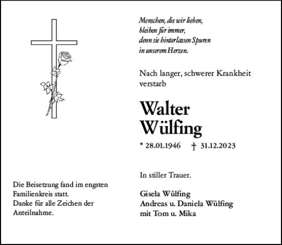 Traueranzeige von Walter Wülfing von Weilburger Tageblatt