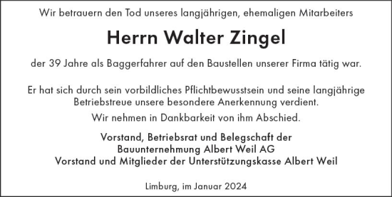Traueranzeige von Walter Zingel von Nassauische Neue Presse