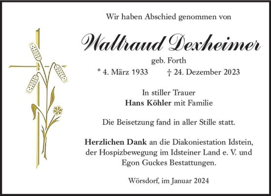 Traueranzeige von Waltraud Dexheimer von Idsteiner Land/Untertaunus