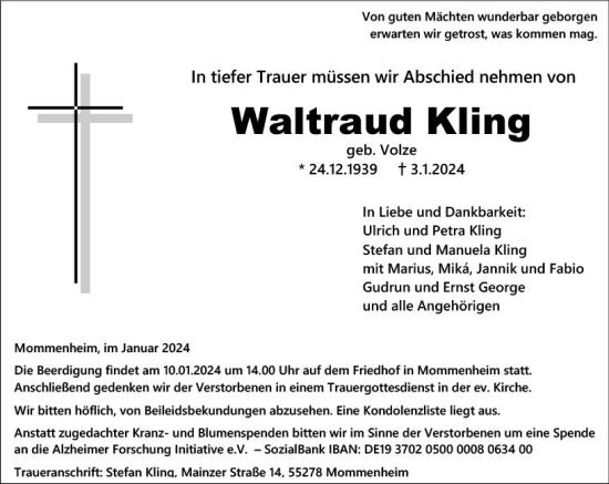 Traueranzeige von Waltraud Kling von Allgemeine Zeitung Mainz