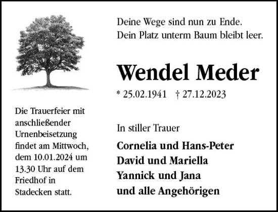 Traueranzeige von Wendel Meder von Allgemeine Zeitung Mainz