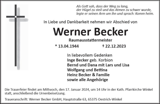 Traueranzeige von Werner Becker von Wiesbadener Kurier